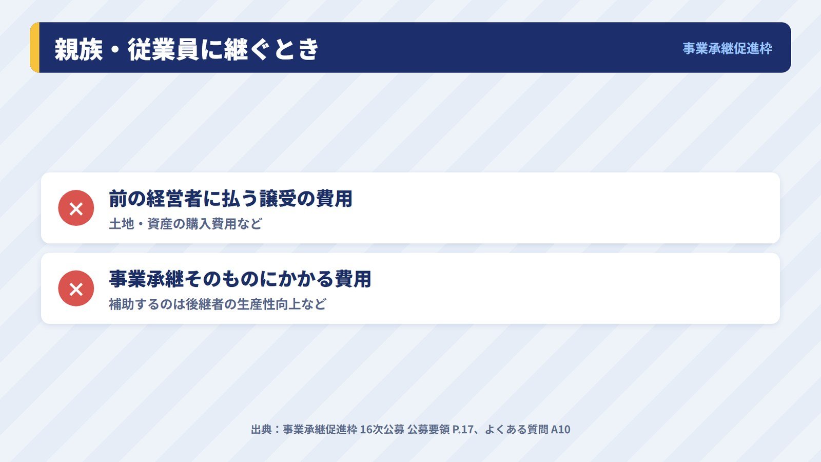 事業承継促進枠でも前の経営者に払う譲受の費用は対象外であることの説明
