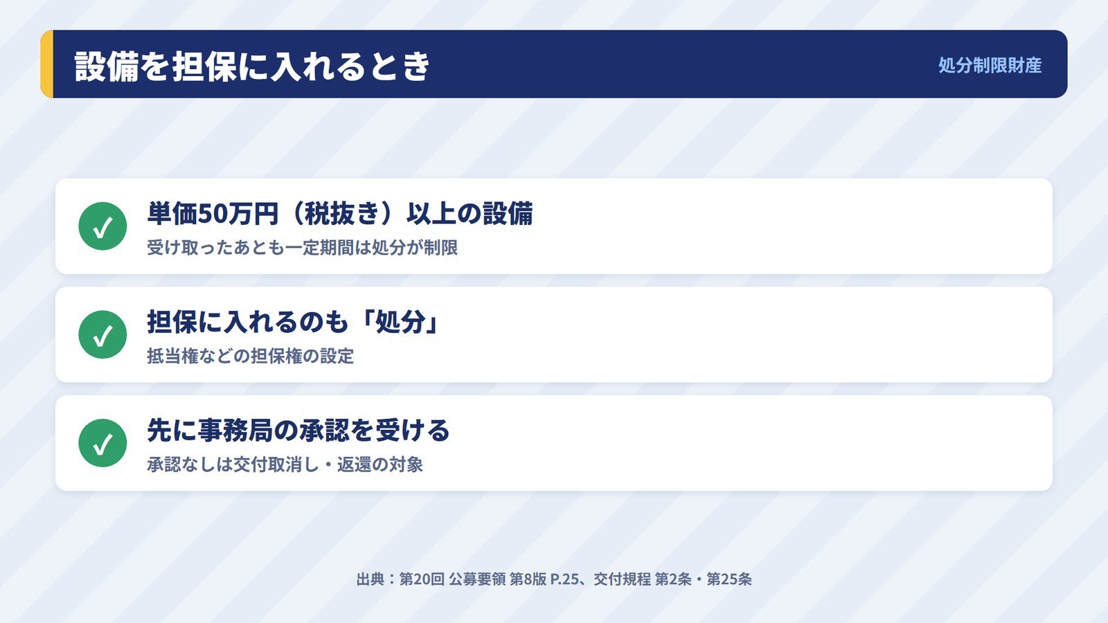 補助金で買った単価50万円以上の設備を担保に入れるときは事務局の承認が要ることの説明